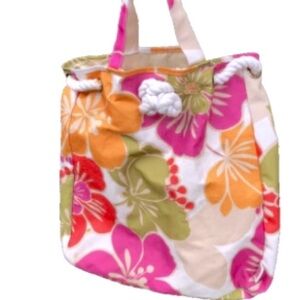 Hawaiian Floral Nautical Rope Tie with Handles Beach Tote Bag 13 x 13 x 3 inches